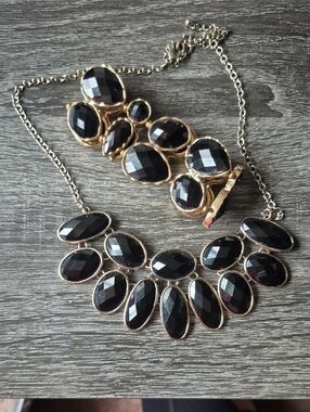 Gold-Tone Black Faceted Statement Necklace and Bracelet Set